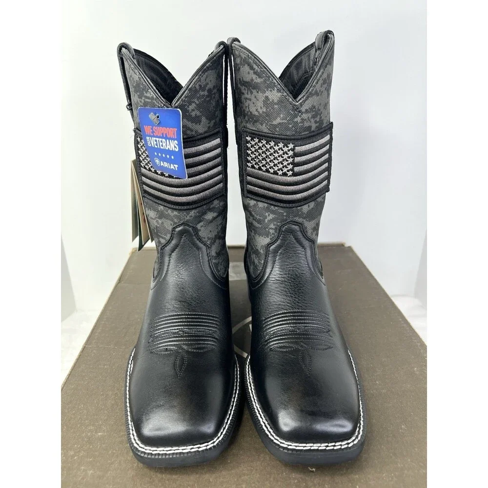 ARIAT Sport Patriot Square Toe Cowboy Boots Mens Size 8.5 D Black Camo Flag New